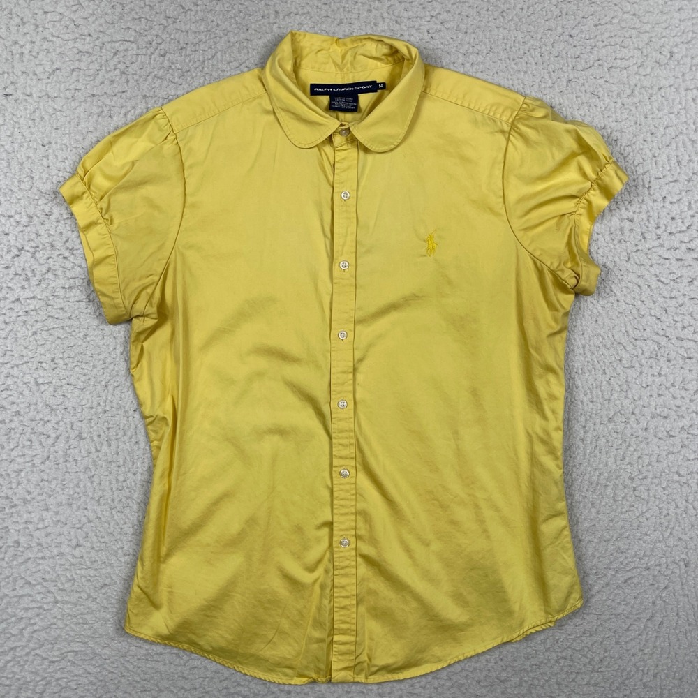 Ralph Lauren Sport Shirt Womens 14 Yellow Peter Pan Collar Puff Sleeve Preppy